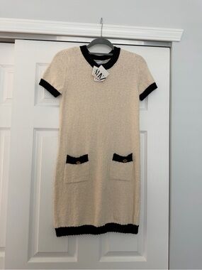 Zara Cream Mini Sweater Dress with Black Trim NWT